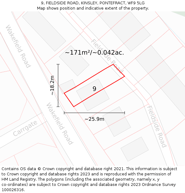 9, FIELDSIDE ROAD, KINSLEY, PONTEFRACT, WF9 5LG: Plot and title map