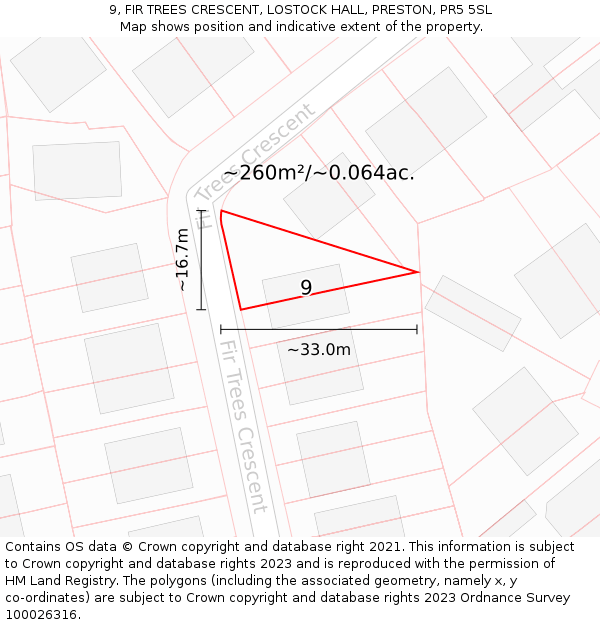 9, FIR TREES CRESCENT, LOSTOCK HALL, PRESTON, PR5 5SL: Plot and title map