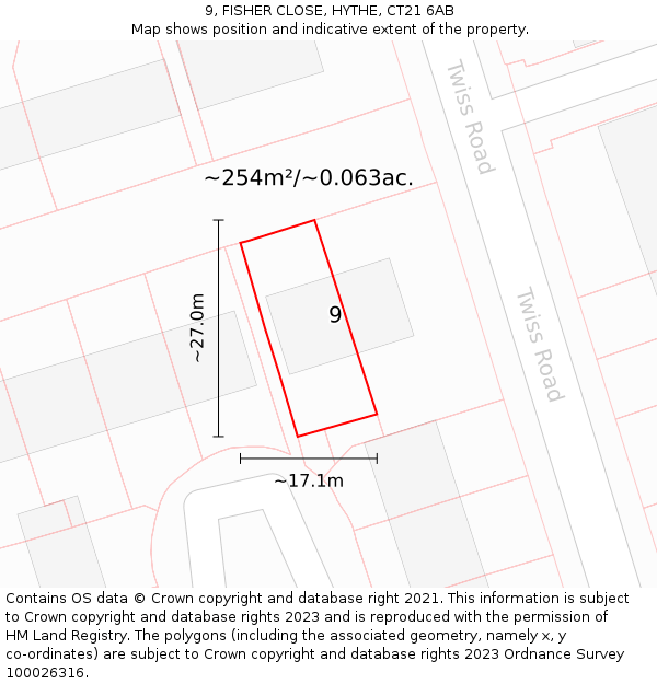 9, FISHER CLOSE, HYTHE, CT21 6AB: Plot and title map