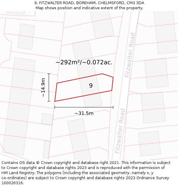 9, FITZWALTER ROAD, BOREHAM, CHELMSFORD, CM3 3DA: Plot and title map