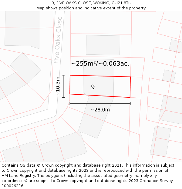 9, FIVE OAKS CLOSE, WOKING, GU21 8TU: Plot and title map