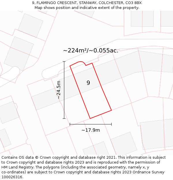 9, FLAMINGO CRESCENT, STANWAY, COLCHESTER, CO3 8BX: Plot and title map