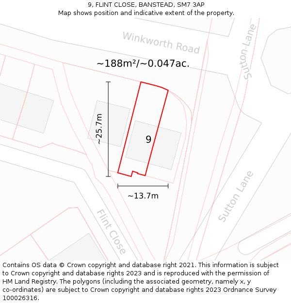 9, FLINT CLOSE, BANSTEAD, SM7 3AP: Plot and title map