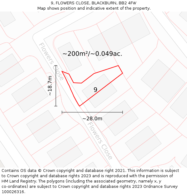 9, FLOWERS CLOSE, BLACKBURN, BB2 4FW: Plot and title map