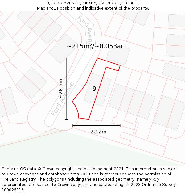 9, FORD AVENUE, KIRKBY, LIVERPOOL, L33 4HR: Plot and title map
