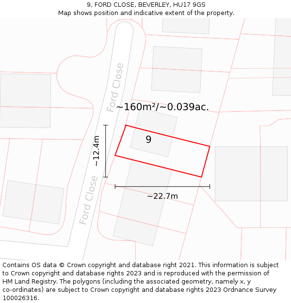 9, FORD CLOSE, BEVERLEY, HU17 9GS: Plot and title map