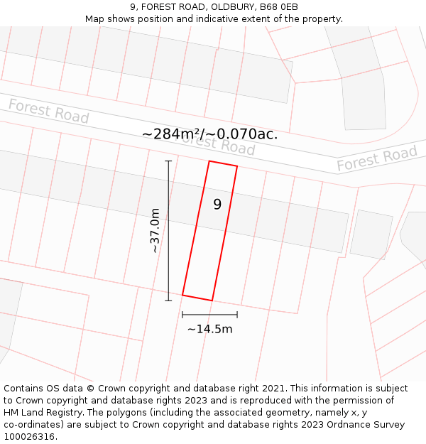 9, FOREST ROAD, OLDBURY, B68 0EB: Plot and title map