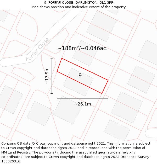 9, FORFAR CLOSE, DARLINGTON, DL1 3PR: Plot and title map