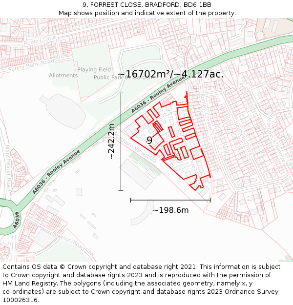 9, FORREST CLOSE, BRADFORD, BD6 1BB: Plot and title map