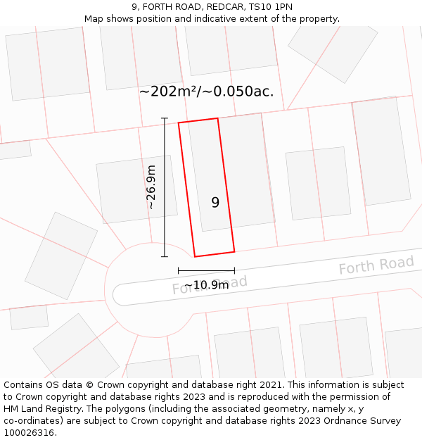 9, FORTH ROAD, REDCAR, TS10 1PN: Plot and title map