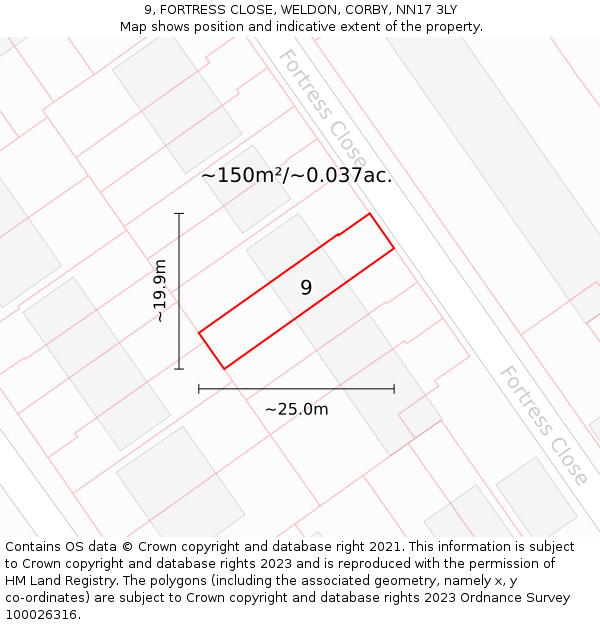 9, FORTRESS CLOSE, WELDON, CORBY, NN17 3LY: Plot and title map