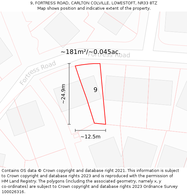 9, FORTRESS ROAD, CARLTON COLVILLE, LOWESTOFT, NR33 8TZ: Plot and title map