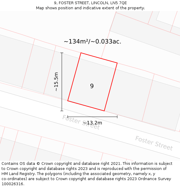 9, FOSTER STREET, LINCOLN, LN5 7QE: Plot and title map