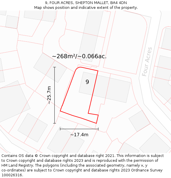 9, FOUR ACRES, SHEPTON MALLET, BA4 4DN: Plot and title map