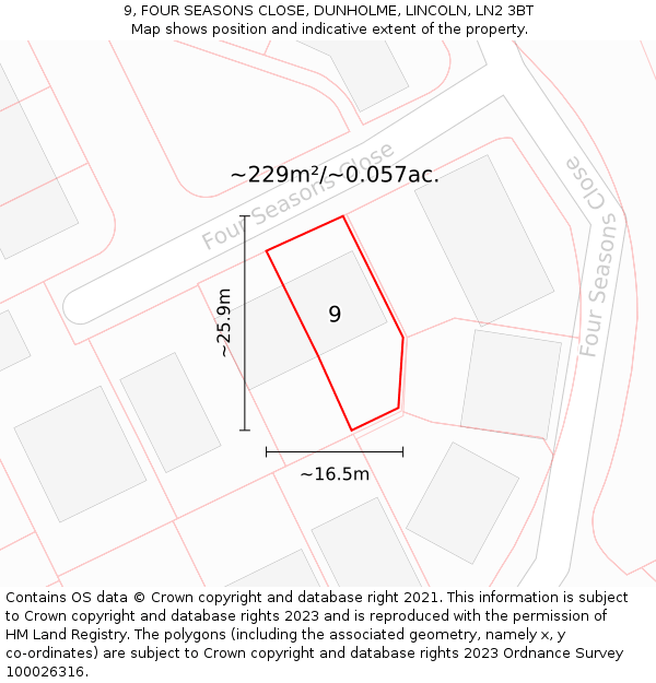 9, FOUR SEASONS CLOSE, DUNHOLME, LINCOLN, LN2 3BT: Plot and title map