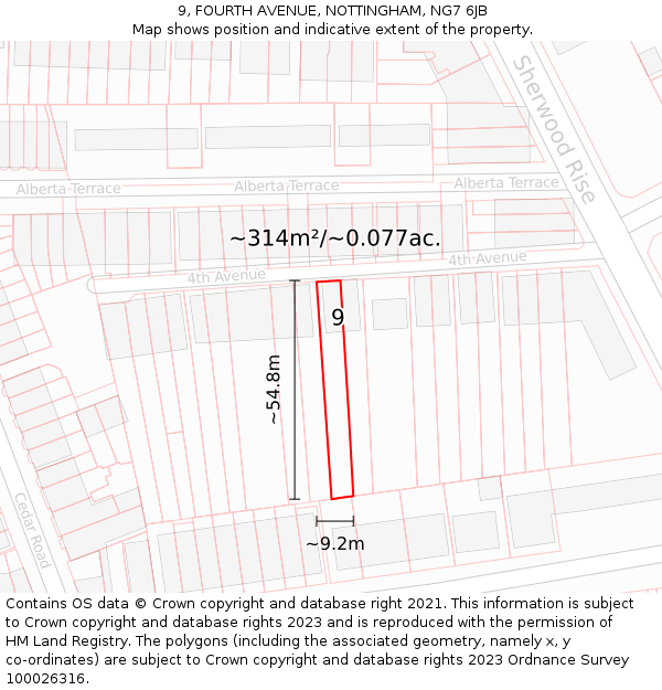 9, FOURTH AVENUE, NOTTINGHAM, NG7 6JB: Plot and title map