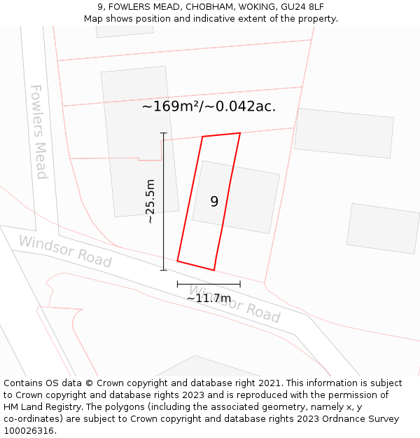 9, FOWLERS MEAD, CHOBHAM, WOKING, GU24 8LF: Plot and title map