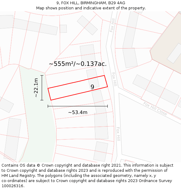 9, FOX HILL, BIRMINGHAM, B29 4AG: Plot and title map