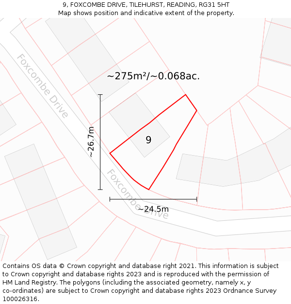 9, FOXCOMBE DRIVE, TILEHURST, READING, RG31 5HT: Plot and title map