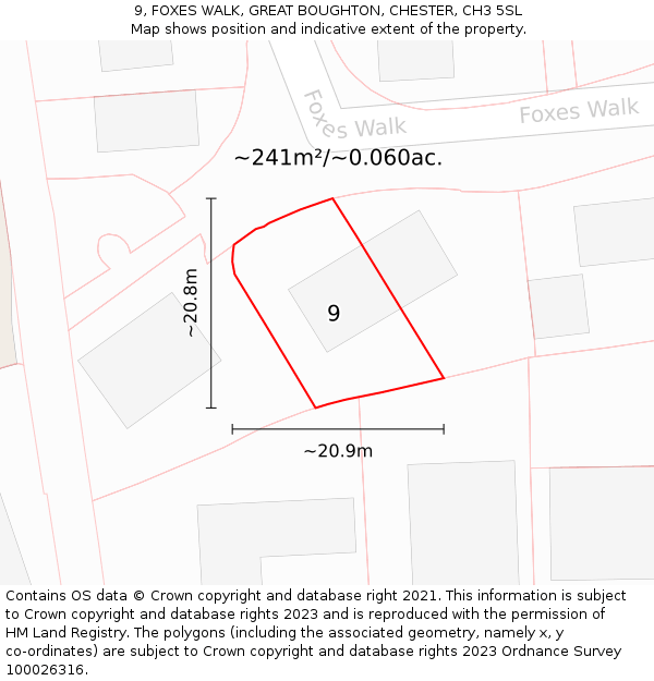 9, FOXES WALK, GREAT BOUGHTON, CHESTER, CH3 5SL: Plot and title map