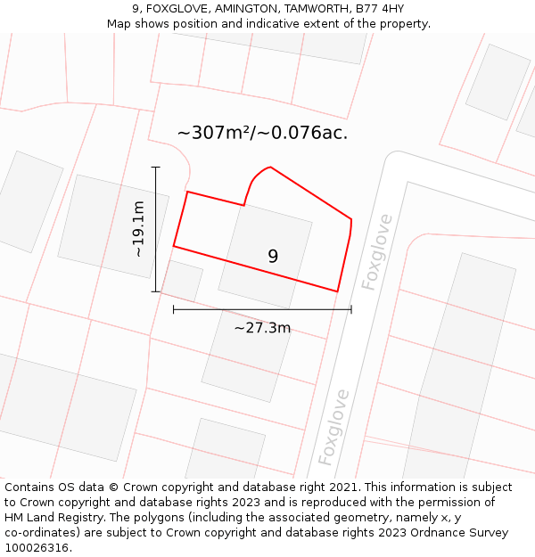 9, FOXGLOVE, AMINGTON, TAMWORTH, B77 4HY: Plot and title map