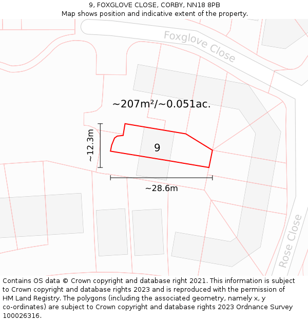 9, FOXGLOVE CLOSE, CORBY, NN18 8PB: Plot and title map