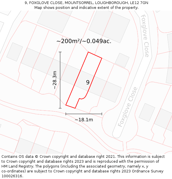 9, FOXGLOVE CLOSE, MOUNTSORREL, LOUGHBOROUGH, LE12 7GN: Plot and title map
