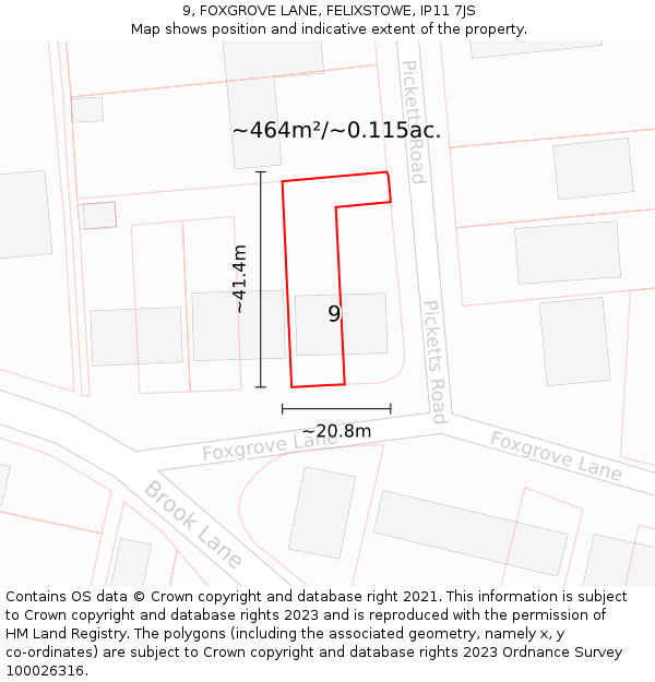 9, FOXGROVE LANE, FELIXSTOWE, IP11 7JS: Plot and title map