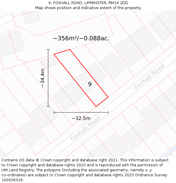 9, FOXHALL ROAD, UPMINSTER, RM14 2DD: Plot and title map