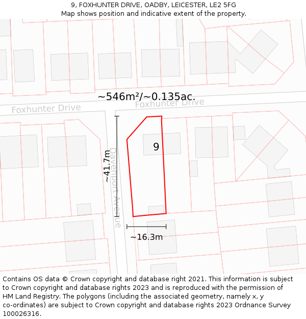 9, FOXHUNTER DRIVE, OADBY, LEICESTER, LE2 5FG: Plot and title map