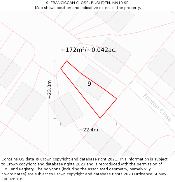 9, FRANCISCAN CLOSE, RUSHDEN, NN10 9PJ: Plot and title map