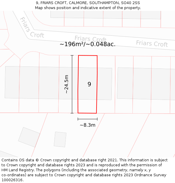 9, FRIARS CROFT, CALMORE, SOUTHAMPTON, SO40 2SS: Plot and title map