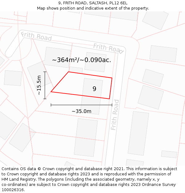 9, FRITH ROAD, SALTASH, PL12 6EL: Plot and title map