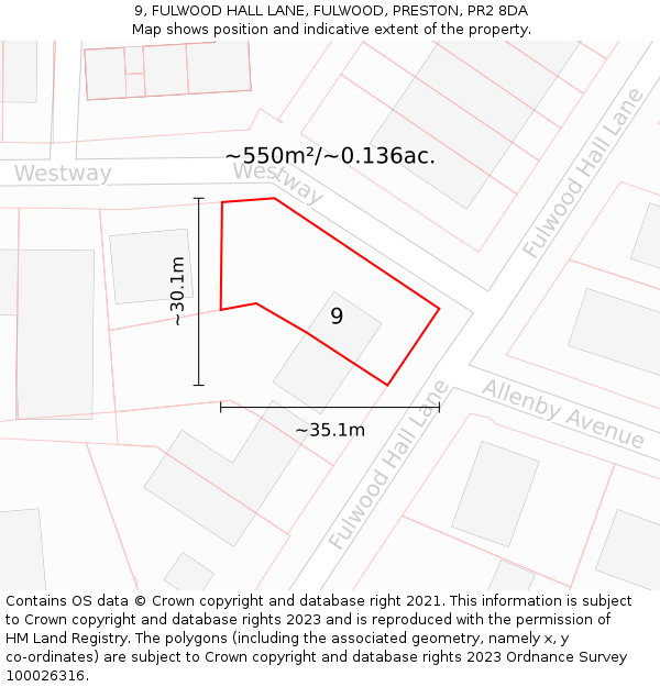 9, FULWOOD HALL LANE, FULWOOD, PRESTON, PR2 8DA: Plot and title map