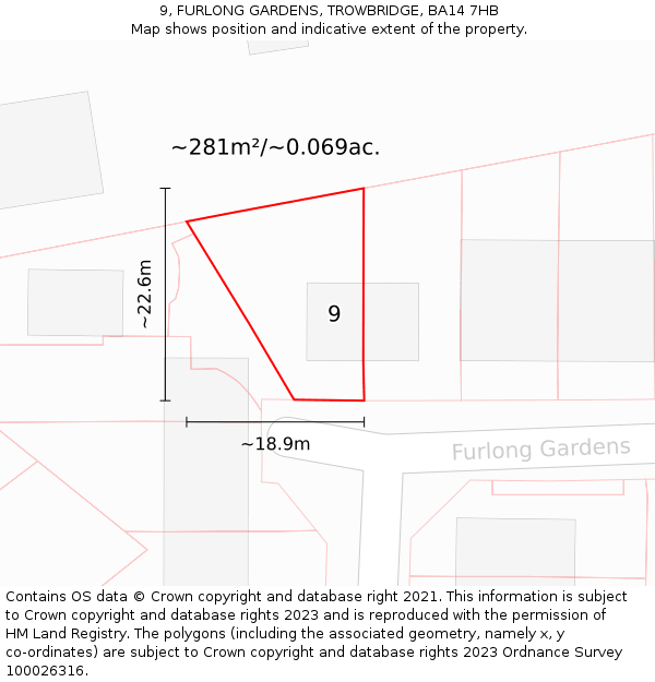 9, FURLONG GARDENS, TROWBRIDGE, BA14 7HB: Plot and title map