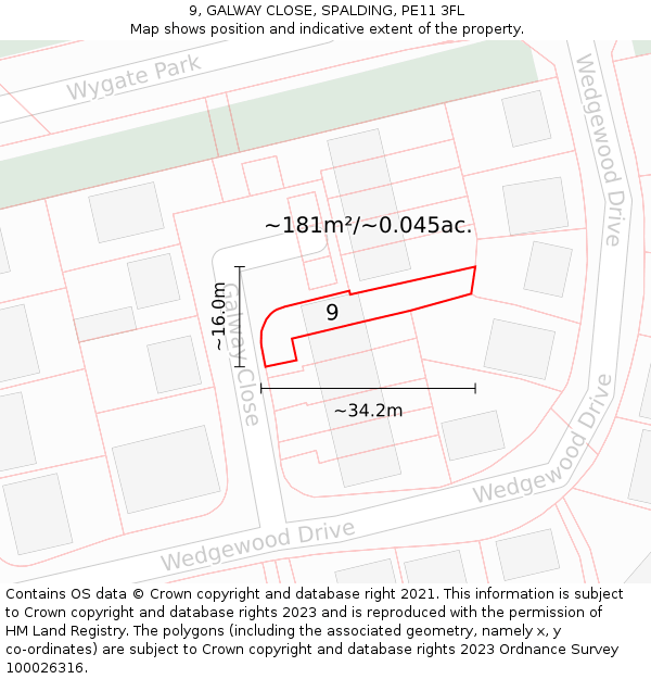 9, GALWAY CLOSE, SPALDING, PE11 3FL: Plot and title map