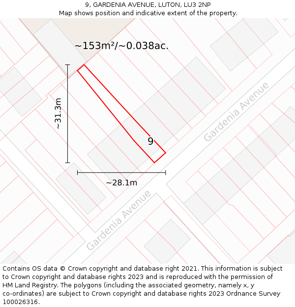 9, GARDENIA AVENUE, LUTON, LU3 2NP: Plot and title map
