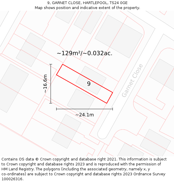 9, GARNET CLOSE, HARTLEPOOL, TS24 0GE: Plot and title map