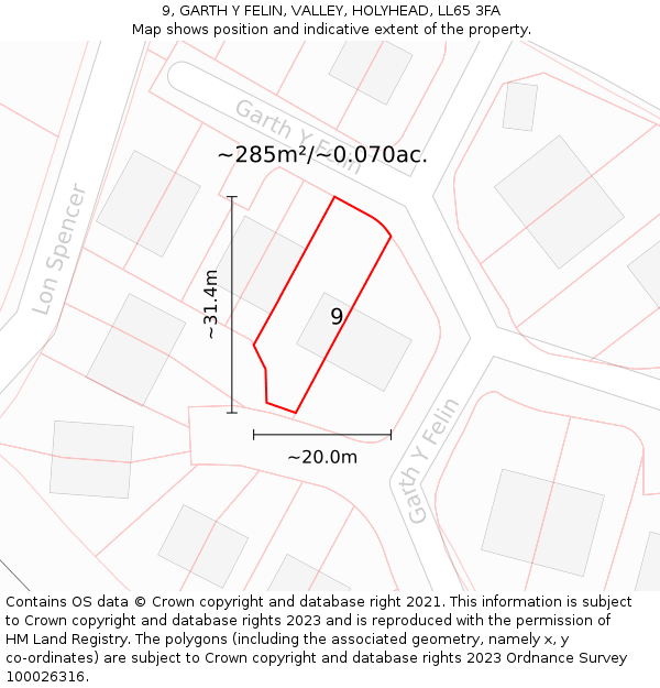 9, GARTH Y FELIN, VALLEY, HOLYHEAD, LL65 3FA: Plot and title map