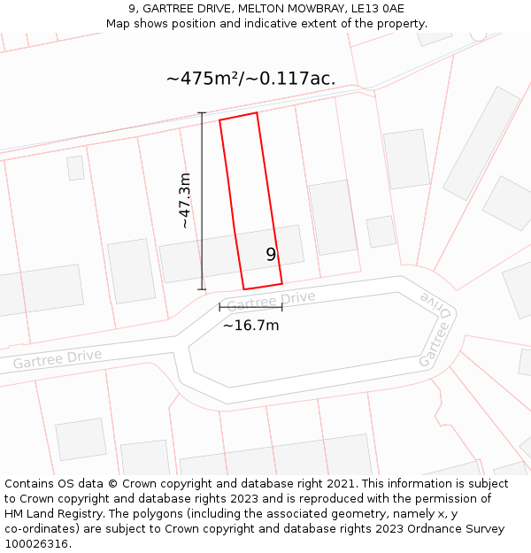 9, GARTREE DRIVE, MELTON MOWBRAY, LE13 0AE: Plot and title map