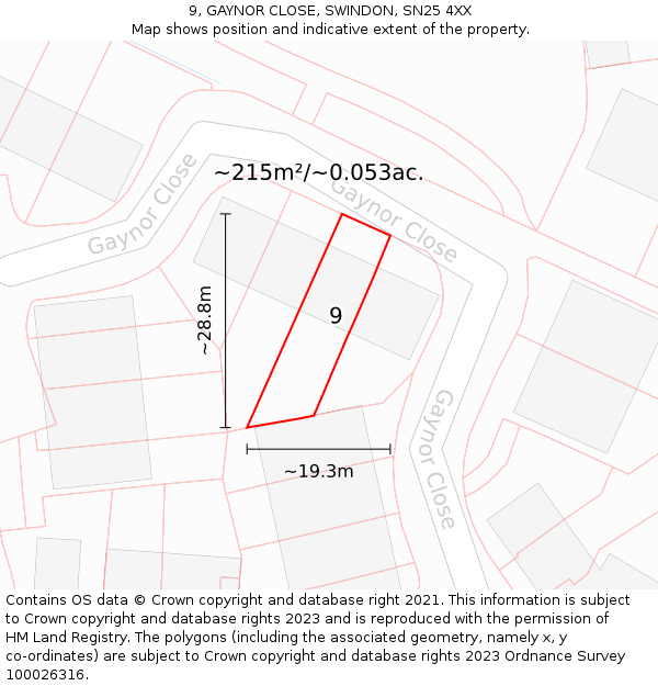9, GAYNOR CLOSE, SWINDON, SN25 4XX: Plot and title map