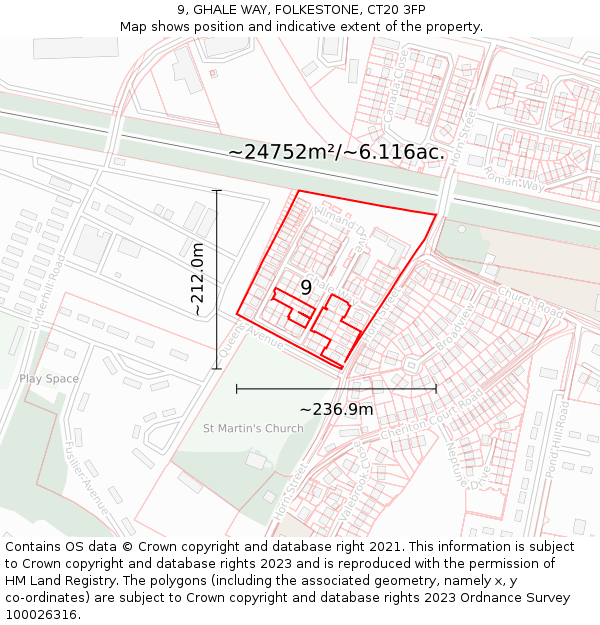 9, GHALE WAY, FOLKESTONE, CT20 3FP: Plot and title map