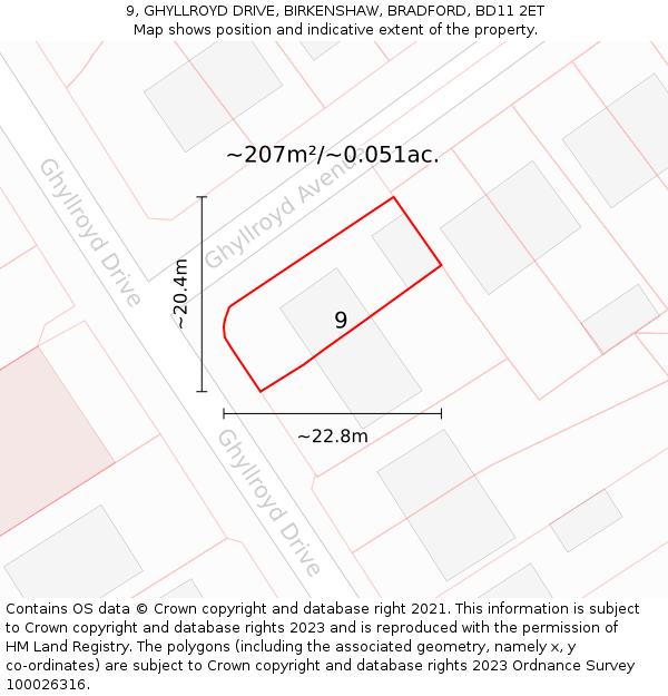 9, GHYLLROYD DRIVE, BIRKENSHAW, BRADFORD, BD11 2ET: Plot and title map