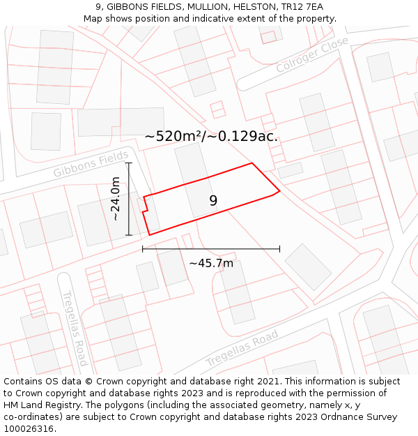 9, GIBBONS FIELDS, MULLION, HELSTON, TR12 7EA: Plot and title map