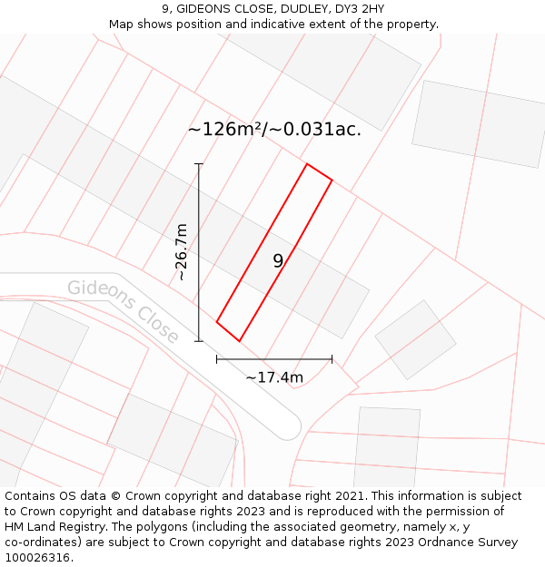 9, GIDEONS CLOSE, DUDLEY, DY3 2HY: Plot and title map