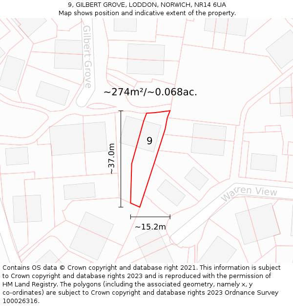 9, GILBERT GROVE, LODDON, NORWICH, NR14 6UA: Plot and title map