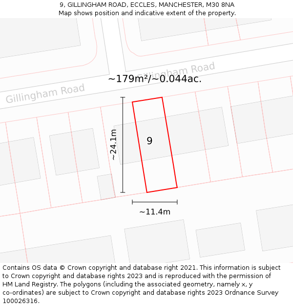 9, GILLINGHAM ROAD, ECCLES, MANCHESTER, M30 8NA: Plot and title map