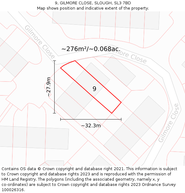9, GILMORE CLOSE, SLOUGH, SL3 7BD: Plot and title map