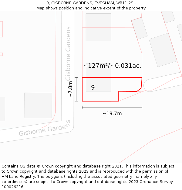 9, GISBORNE GARDENS, EVESHAM, WR11 2SU: Plot and title map