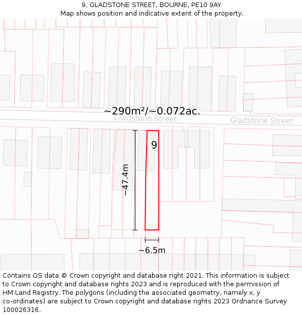 9, GLADSTONE STREET, BOURNE, PE10 9AY: Plot and title map